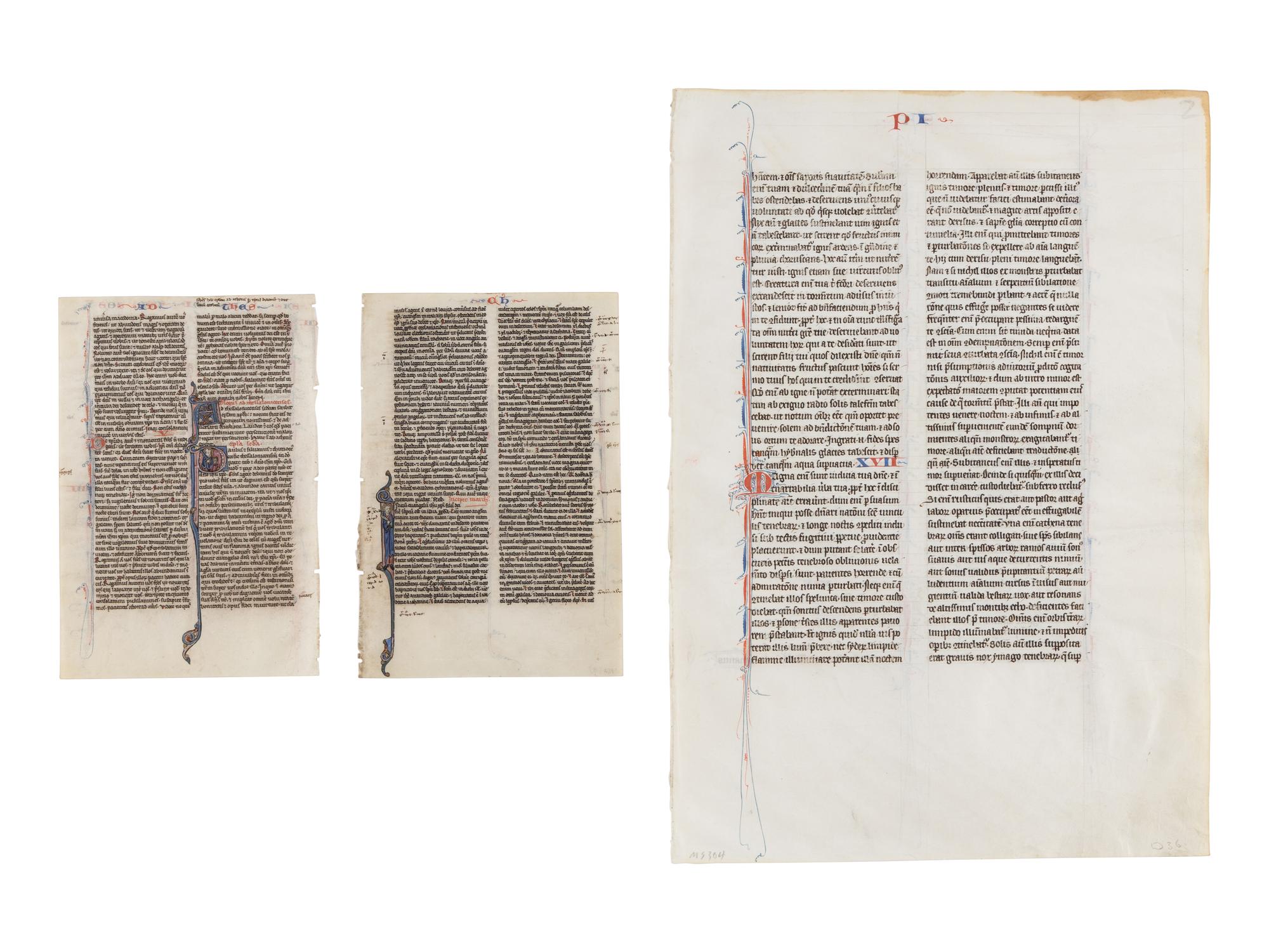 PARIS WORKSHOPS (DOMINICAN PAINTER active c. 1230–1250; JOHANNES GRUSCH ATELIER, active c. 1235–1270) Three leaves from a Bible, with two historiated initials, Saints Paul and Saint Mark, in Latin, illuminated manuscript on vellum [France, Paris, c. 1240–1260]