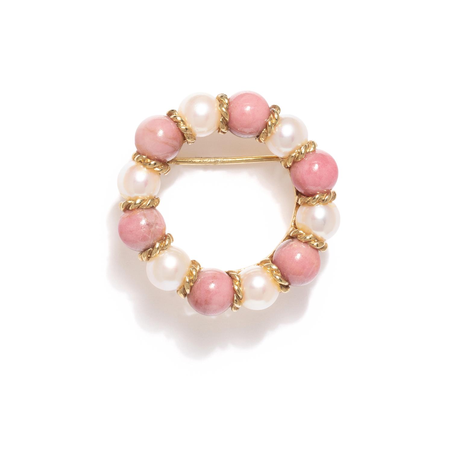 TIFFANY & CO., CULTURED PEARL AND RHODOCHROSITE BROOCH