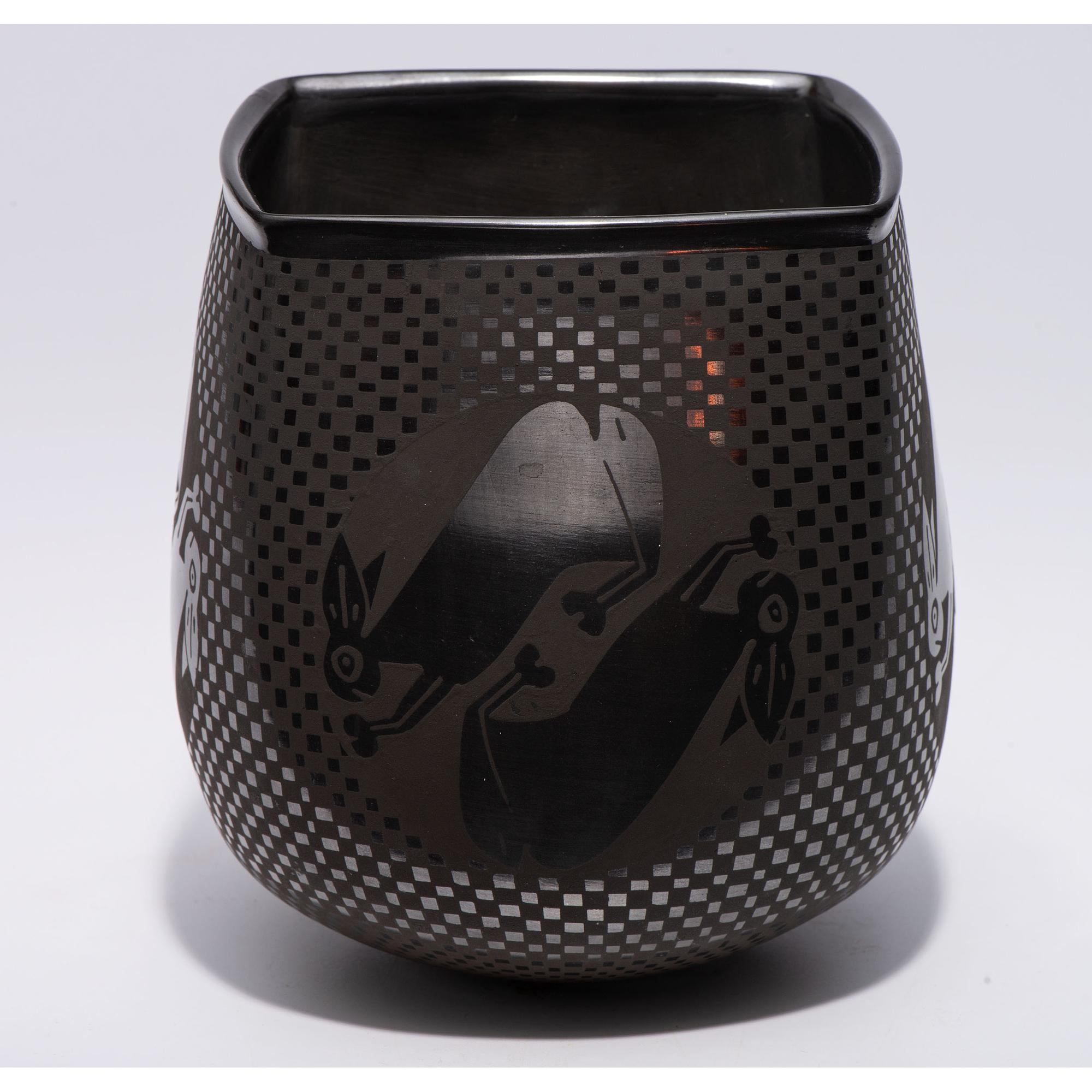 Blackware Pottery Vase, with Rabbits