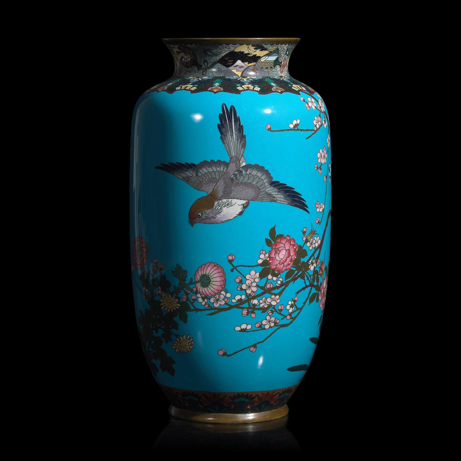 A Japanese Turquoise Ground Cloisonné 'Bird' Vase, Meiji Period