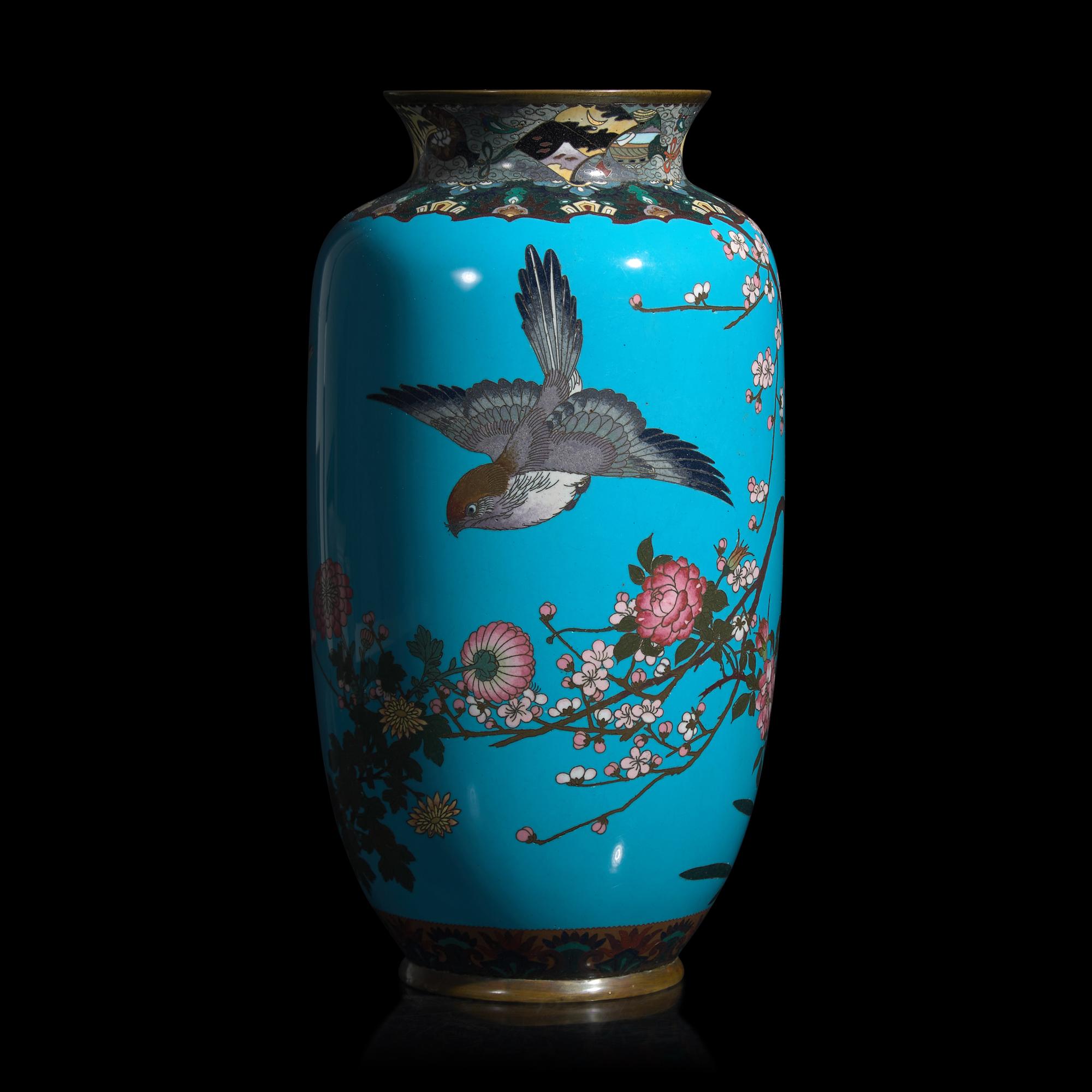A Japanese Turquoise Ground Cloisonné 'Bird' Vase, Meiji Period