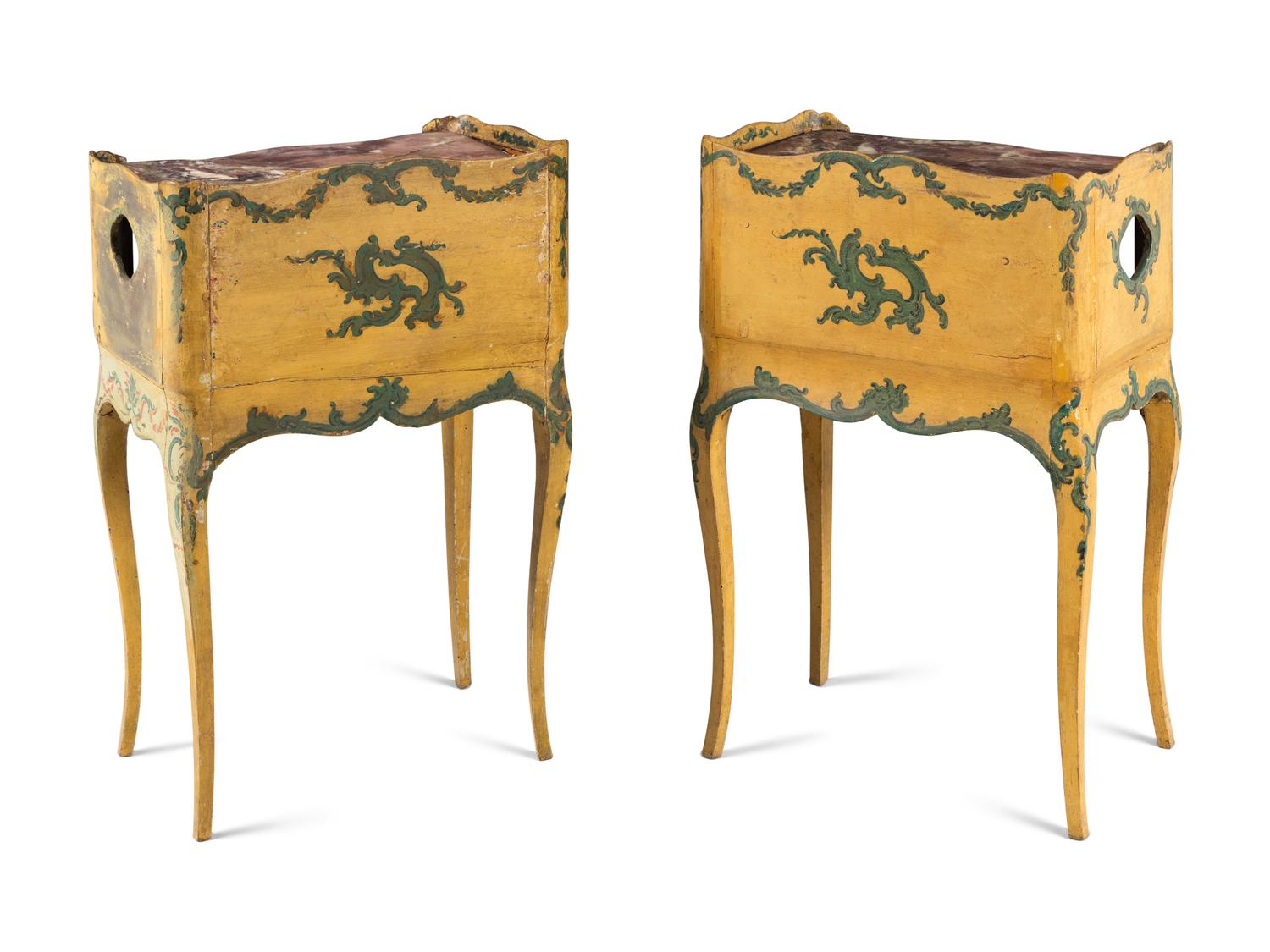 A Pair of North Italian Yellow and Green Painted Marble-Top Commodini