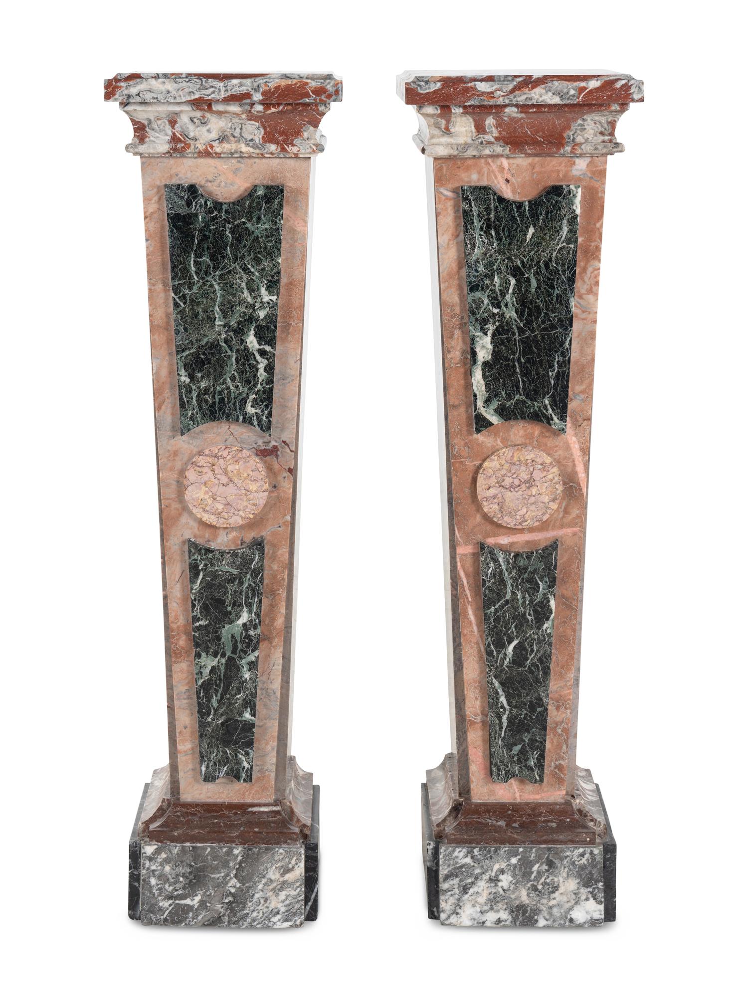 A Pair of Italian Incarnat , Vert de Mer and Fleur de Peche Marble Pedestals