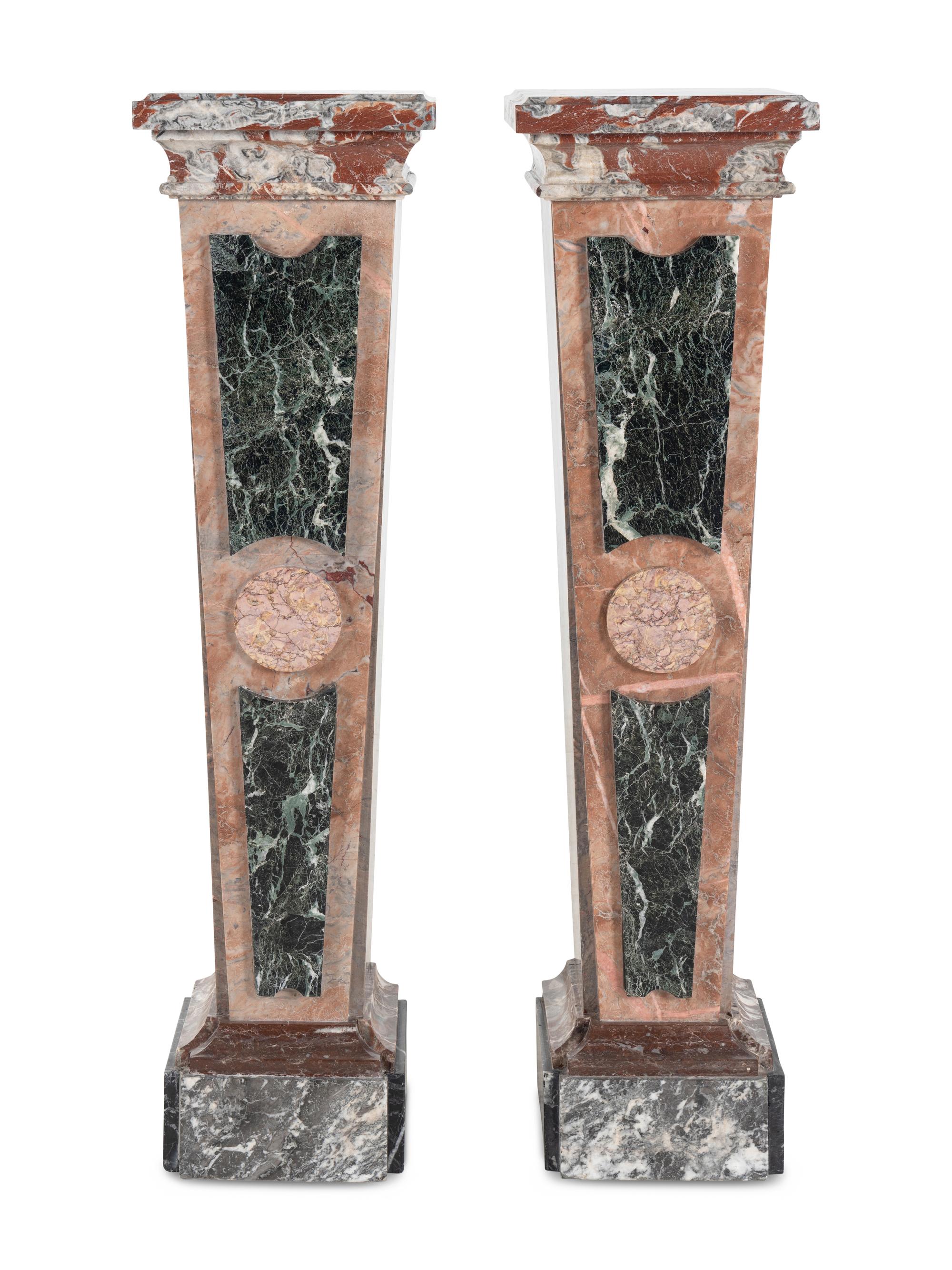 A Pair of Italian Incarnat , Vert de Mer and Fleur de Peche Marble Pedestals