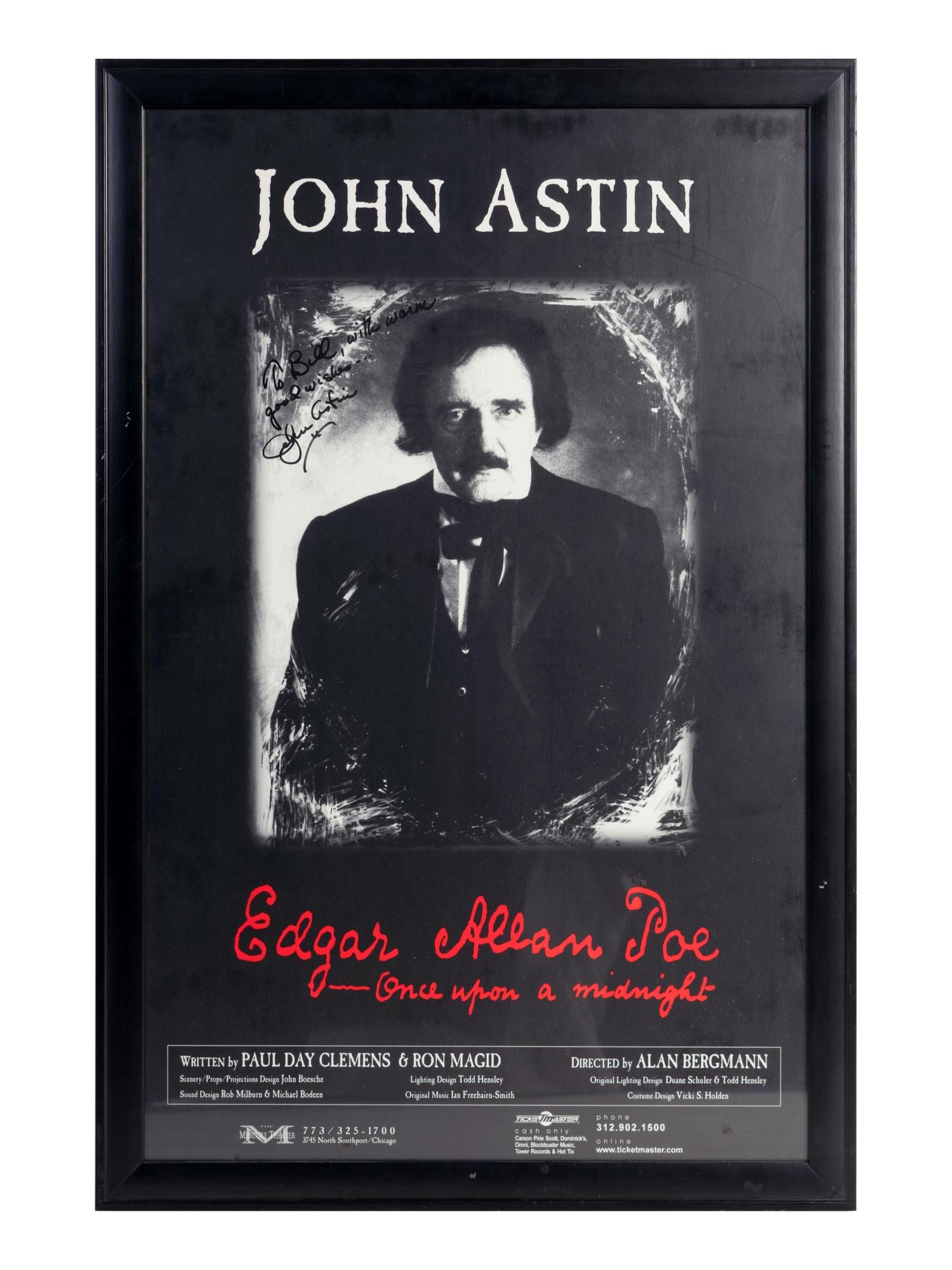 (Theatre) ASTIN, John (1930). “Edgar Allan Poe: Once Upon a Midnight,” SIGNED poster from John Astin’s 2004 one-man play.