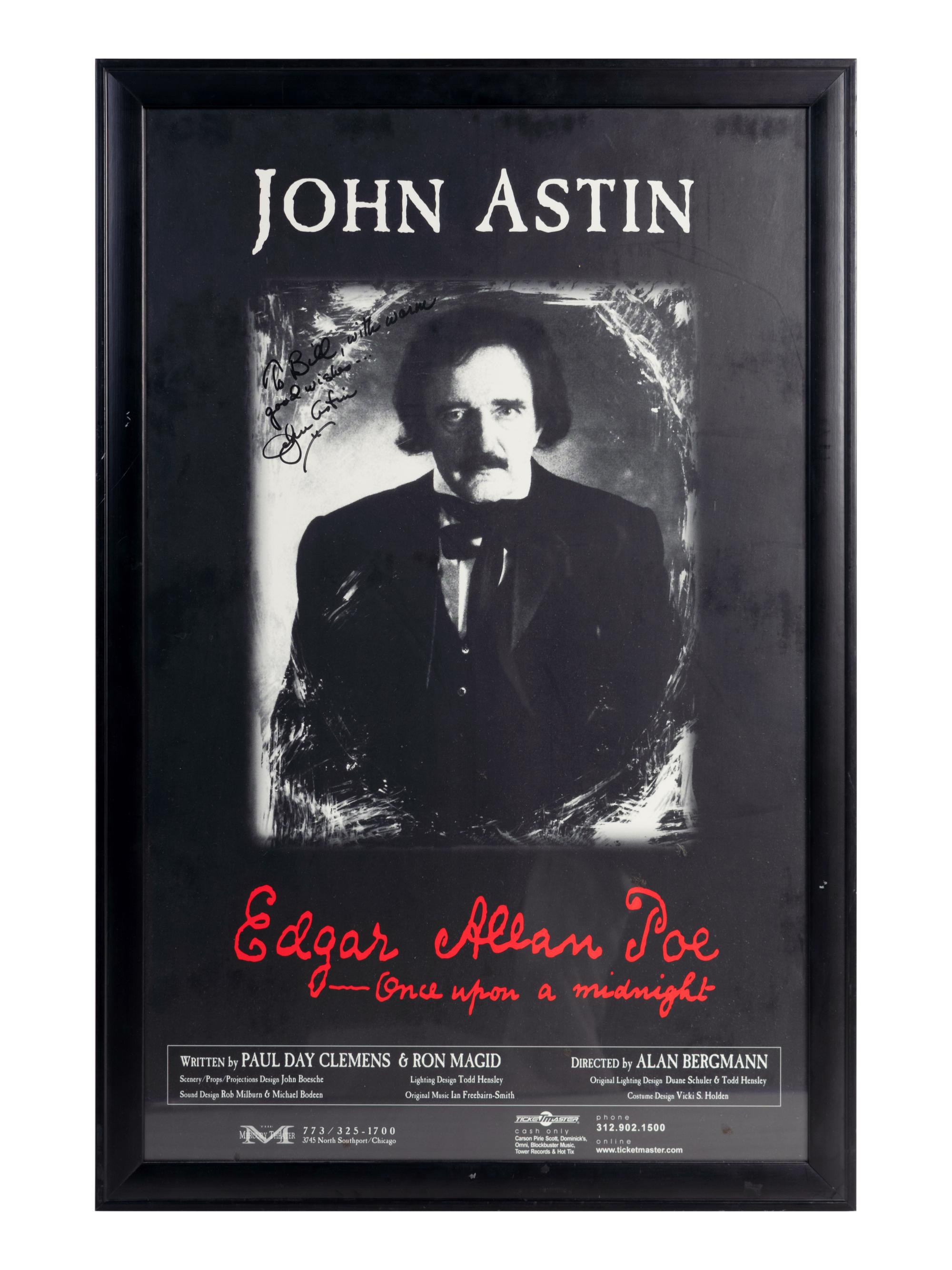 (Theatre) ASTIN, John (1930). “Edgar Allan Poe: Once Upon a Midnight,” SIGNED poster from John Astin’s 2004 one-man play.