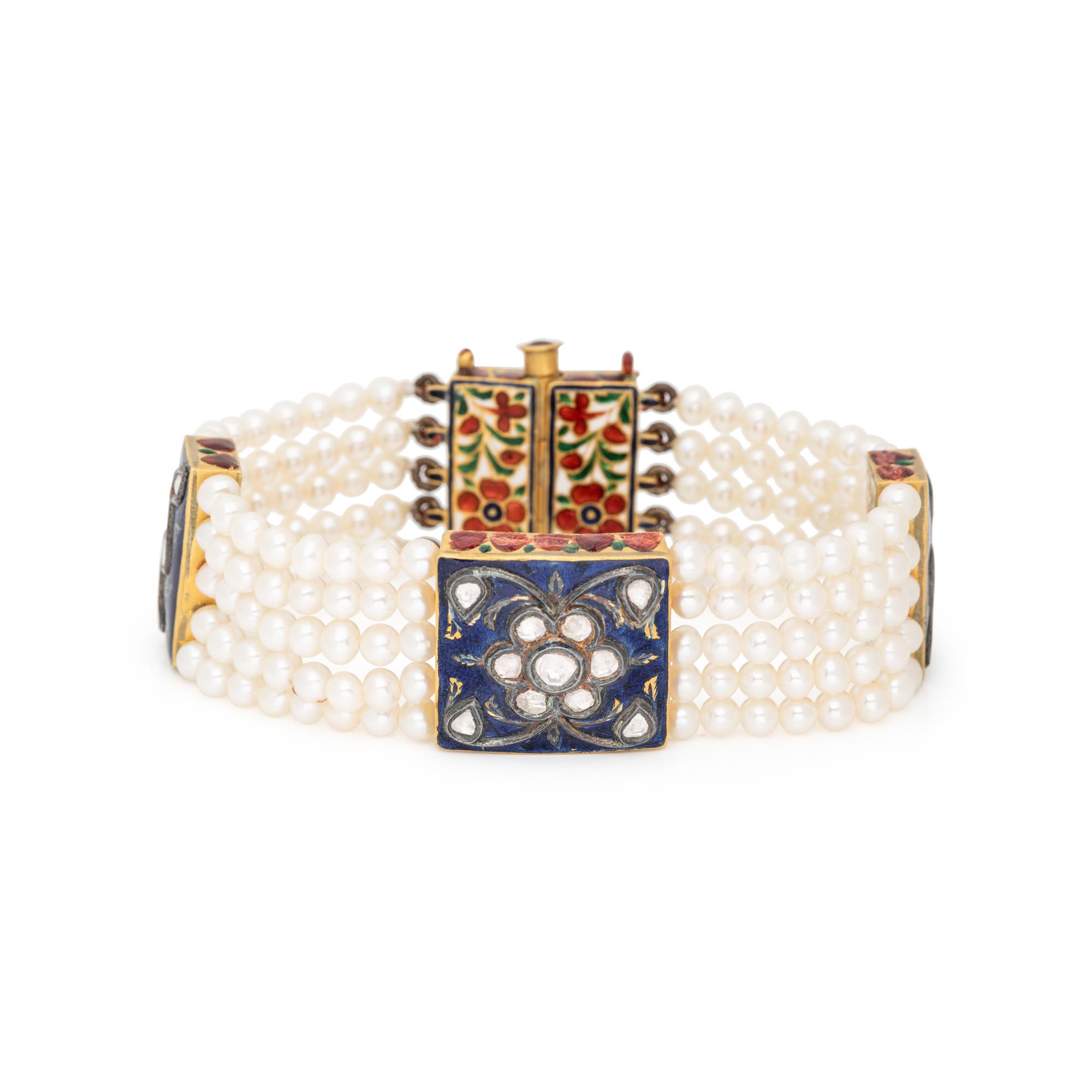 YELLOW GOLD, ENAMEL, DIAMOND, AND CULTURED PEARL MUGHAL-STYLE BRACELET
