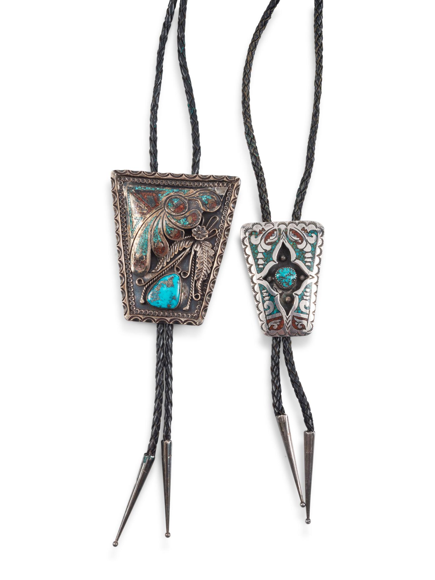 Pair of Navajo Silver Bolo Ties, with Turquoise and Coral Chip Inlay