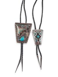 Pair of Navajo Silver Bolo Ties, with Turquoise and Coral Chip Inlay