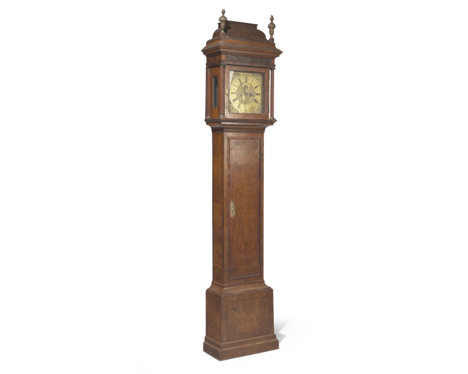 A Queen Anne inlaid and burl walnut veneered and inlaid tall case clock, works by John Sanderson, Wigton, England, early 18th century