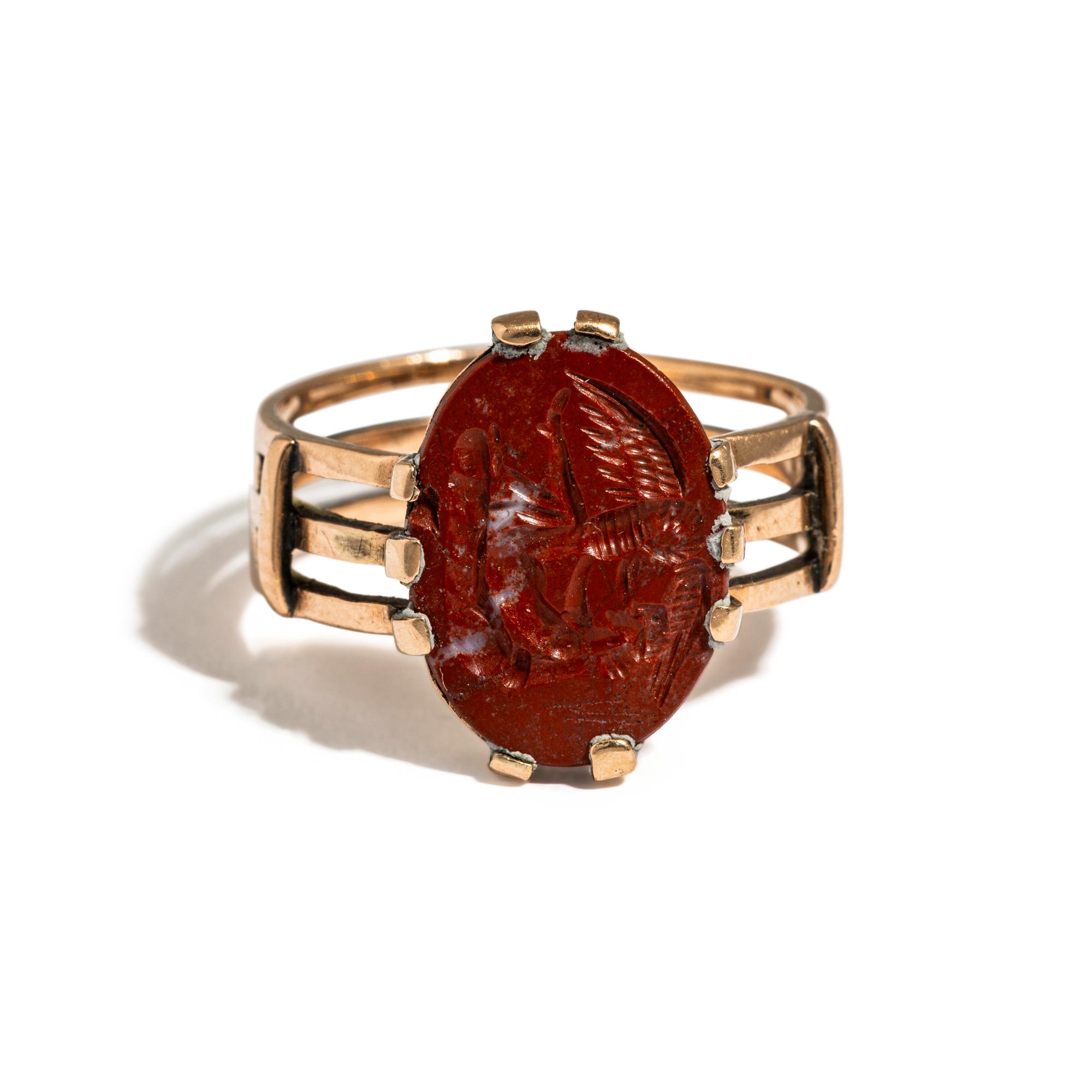 A Roman Red Jasper Ring Stone with Princess Leda and the Swan — Set in a gold ring
