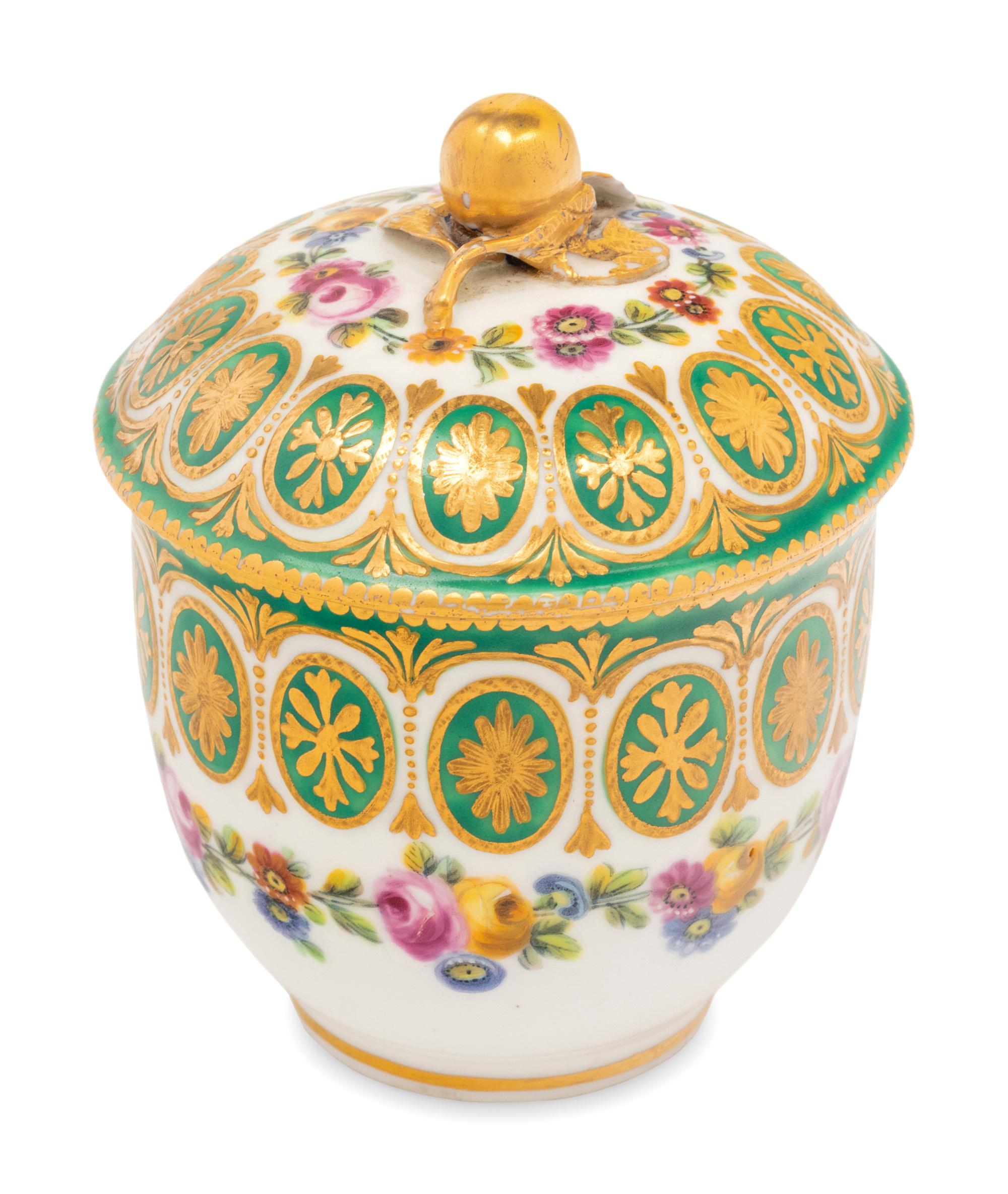 A Sèvres Green-Ground Porcelain Sugar Bowl and Cover ( Pot à Sucre 'Bouret' et son Couvercle, 2ème Grandeur )