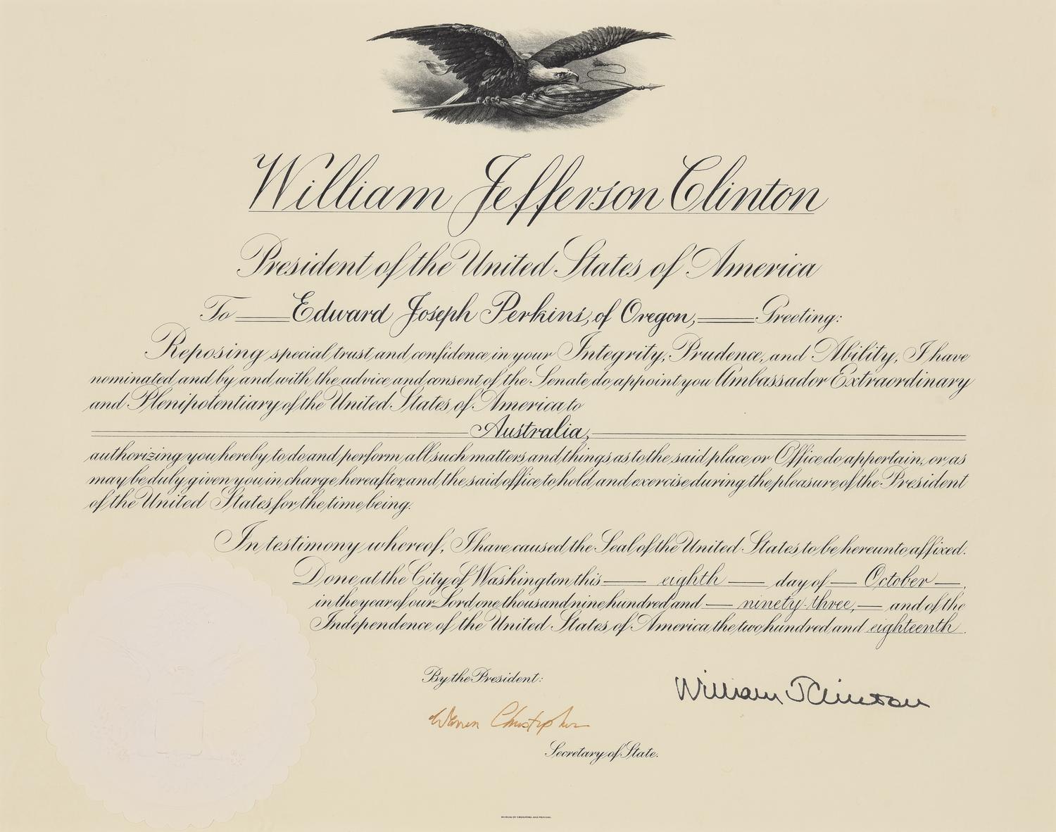 [POLITICS]. [PERKINS, Edward Joseph (1928-2020)]. A group of 9 appointments by Presidents Reagan, Bush, Clinton, and Bush to Perkins, presumably with secretarial or facsimile signatures, including: