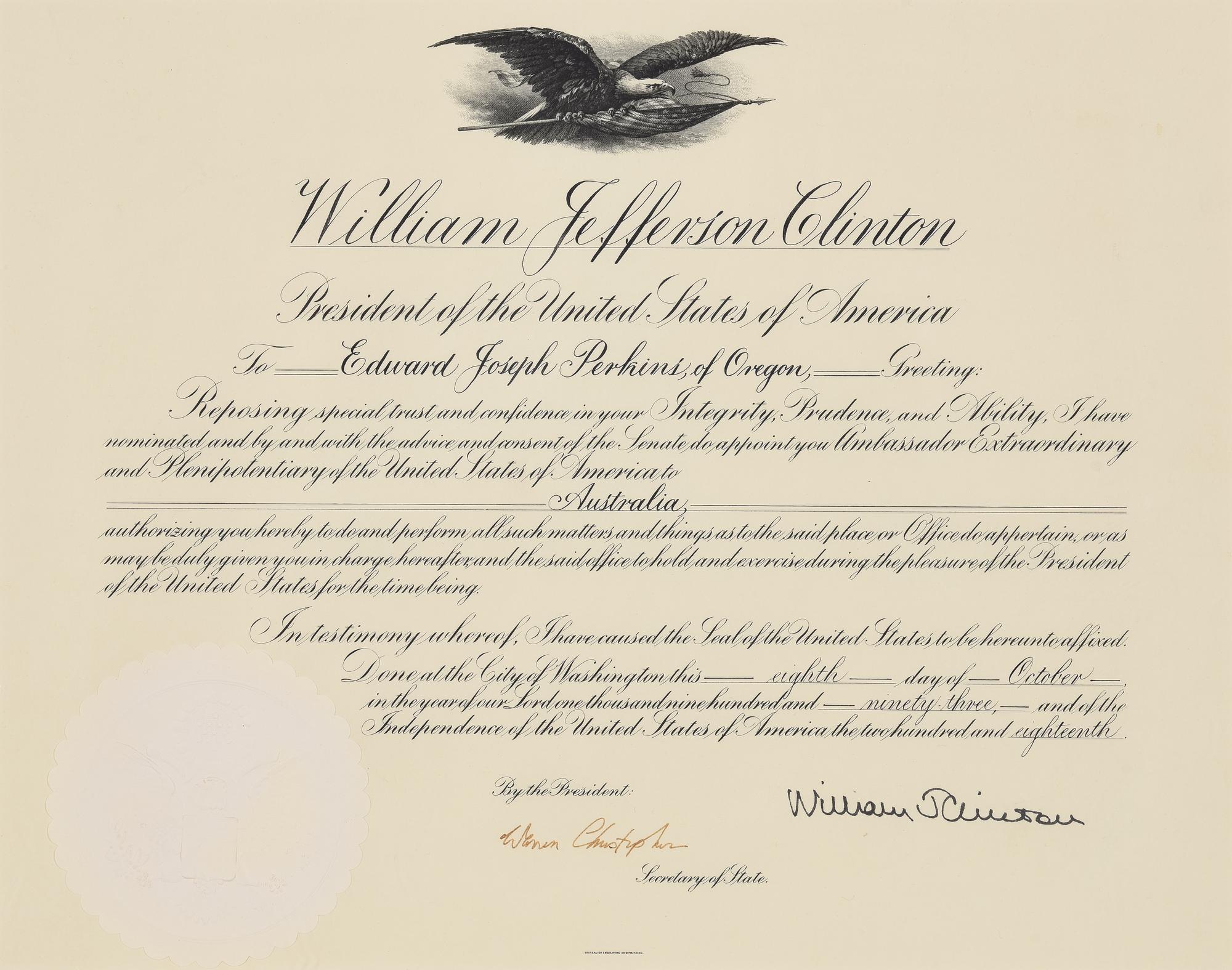 [POLITICS]. [PERKINS, Edward Joseph (1928-2020)]. A group of 9 appointments by Presidents Reagan, Bush, Clinton, and Bush to Perkins, presumably with secretarial or facsimile signatures, including: