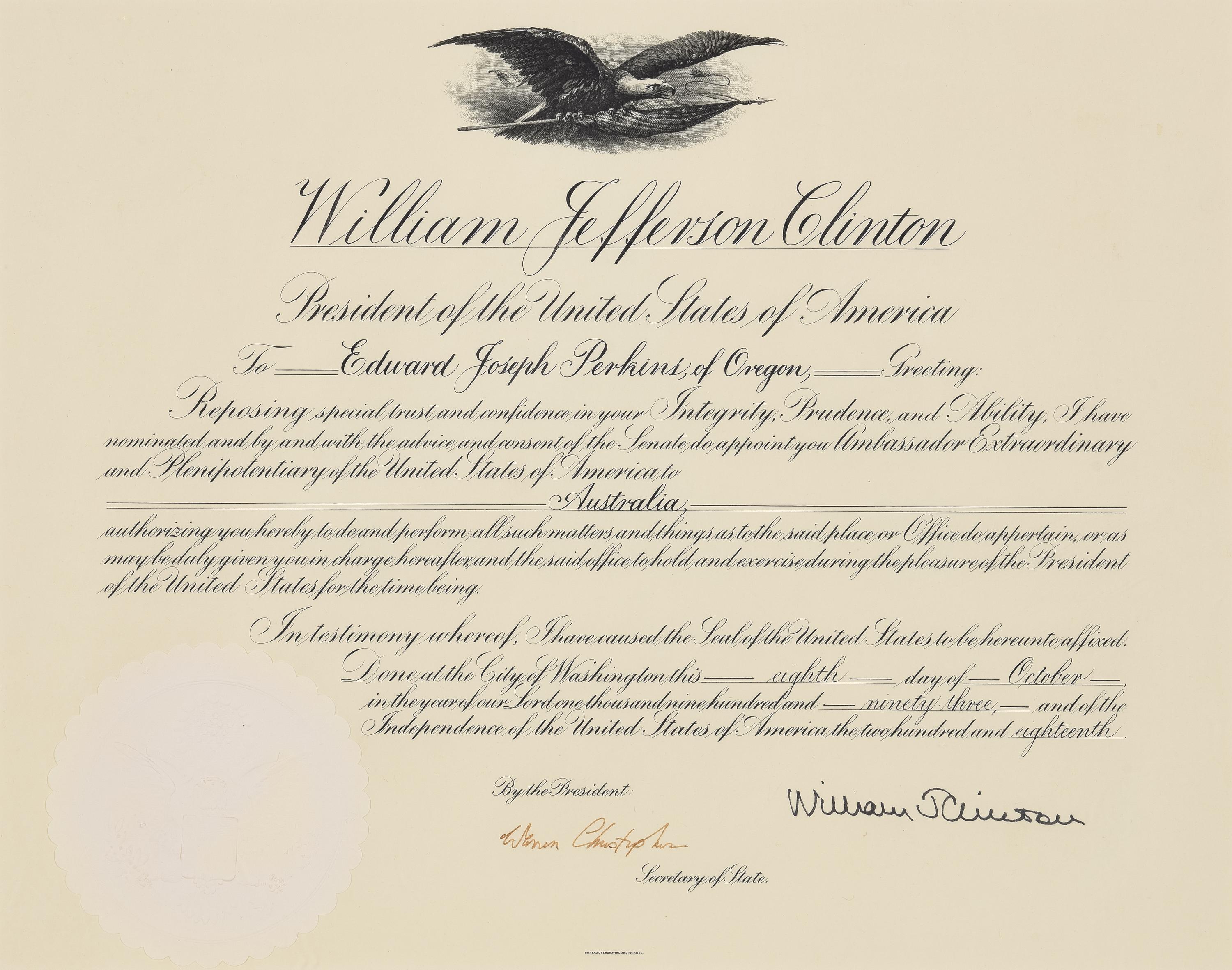 [POLITICS]. [PERKINS, Edward Joseph (1928-2020)]. A group of 9 appointments by Presidents Reagan, Bush, Clinton, and Bush to Perkins, presumably with secretarial or facsimile signatures, including: