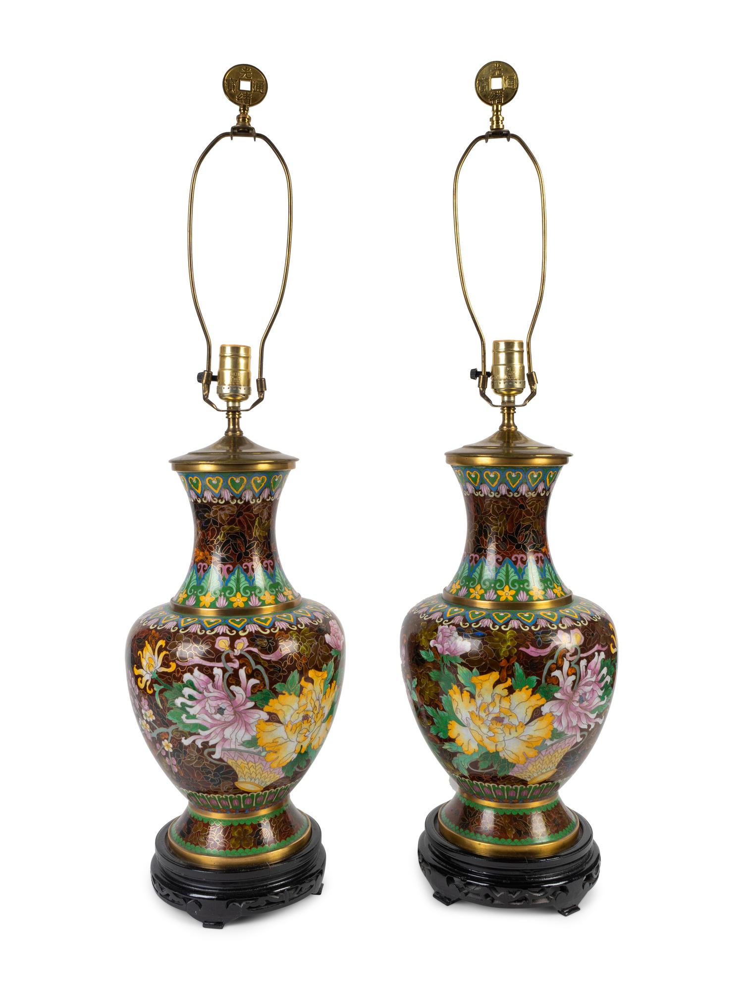 A Pair of Chinese Cloisonne Vases Mounted as a Lamps