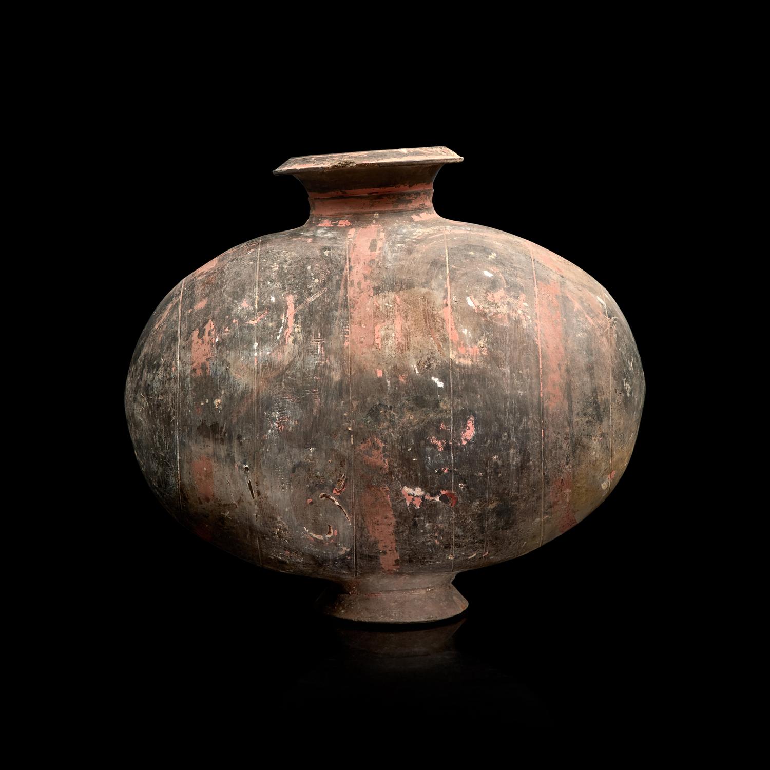 A Large Chinese Painted Pottery Cocoon Jar, Han Dynasty 漢 彩陶茧形罐