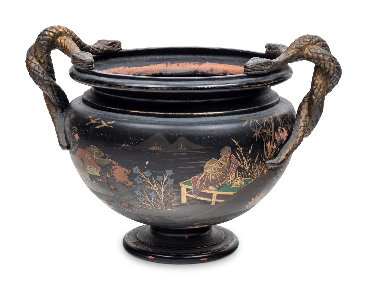 A Bronzed Terra Cotta Jardinière with Japanned Decoration