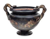 A Bronzed Terra Cotta Jardinière with Japanned Decoration