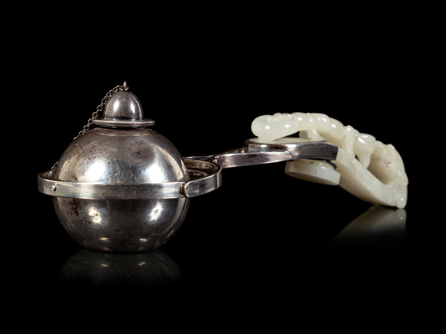 A White Jade Mounted Silver Gimbal Cigar Lighter