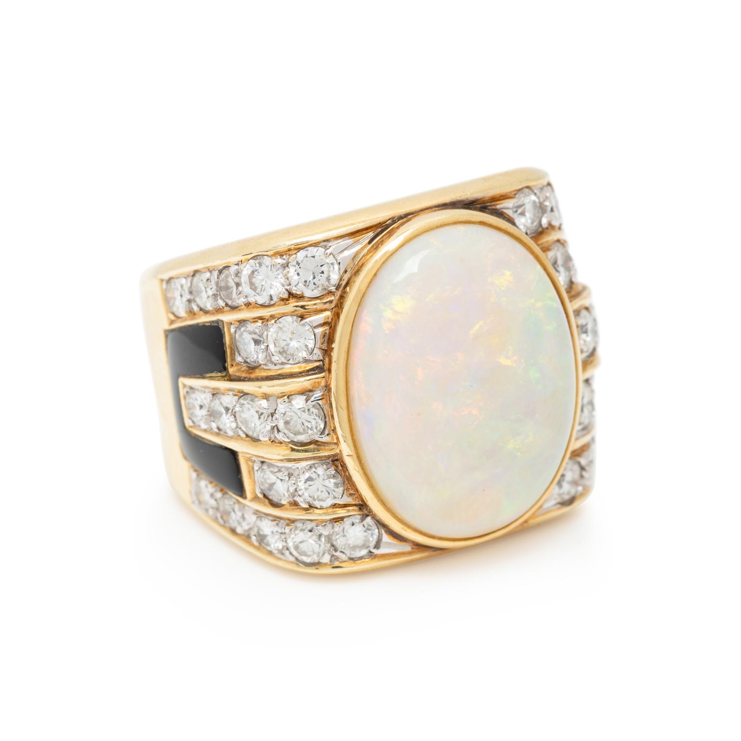 OPAL, DIAMOND AND ENAMEL RING