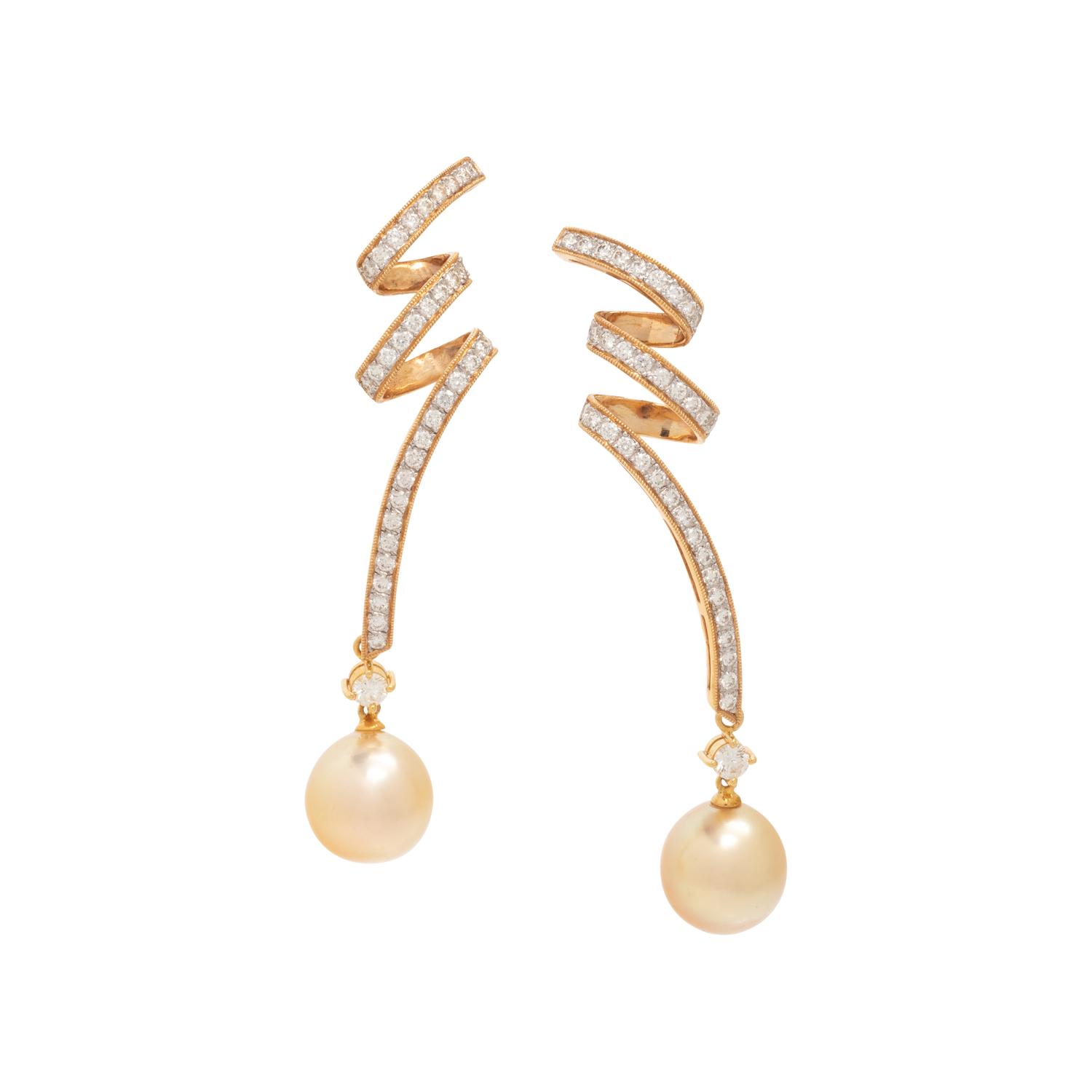 YELLOW GOLD, DIAMOND AND CULTURED PEARL CONVERTIBLE EARCLIPS