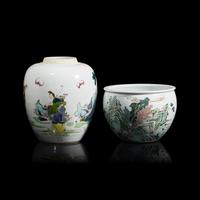 Two Chinese Famille Verte Porcelain Vessels, 20th Century 近代 五彩人物图罐及山水图卷缸各一
