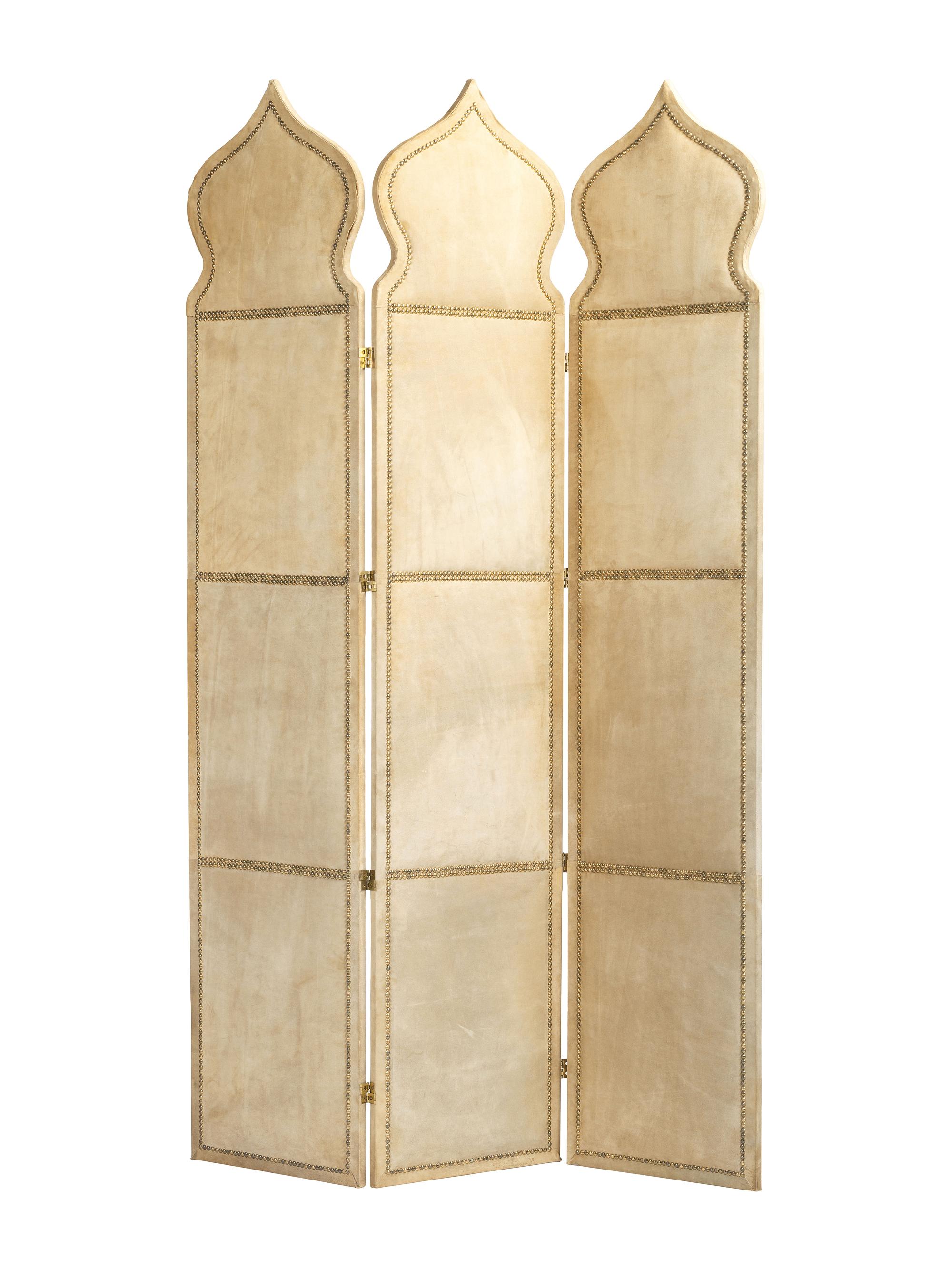 A Suede-Upholstered Three-Panel Floor Screen