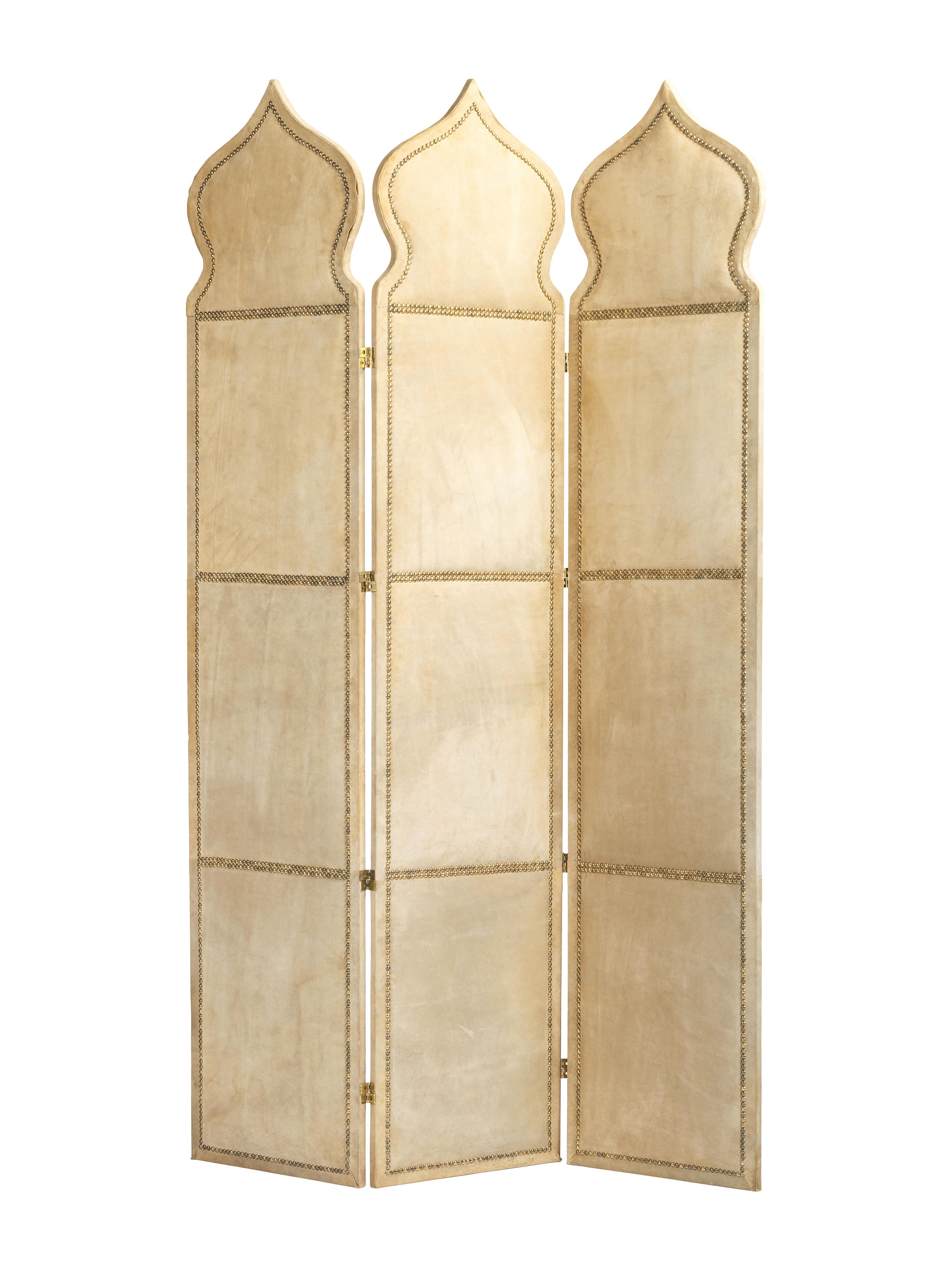 A Suede-Upholstered Three-Panel Floor Screen