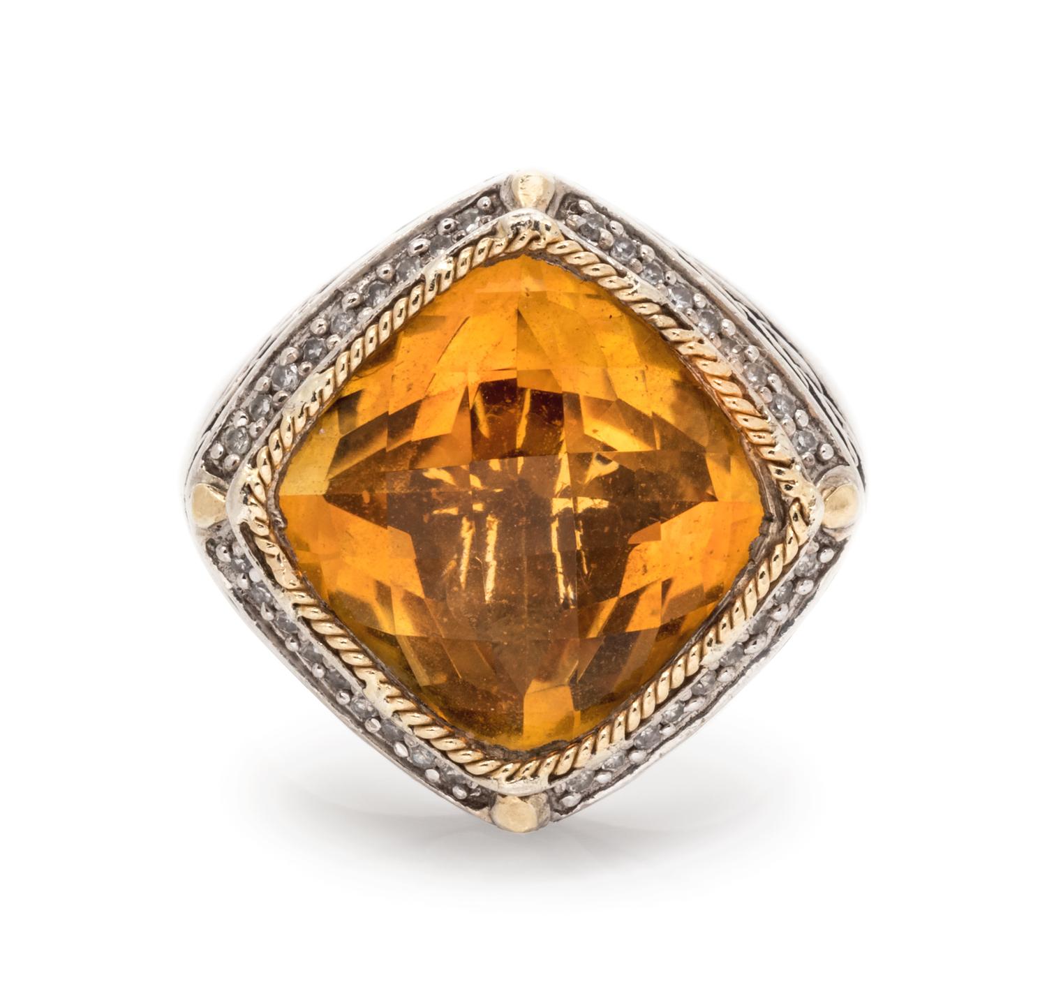 A Sterling Silver, 18 Karat Yellow Gold, Citrine, and Diamond Ring, Effy,
