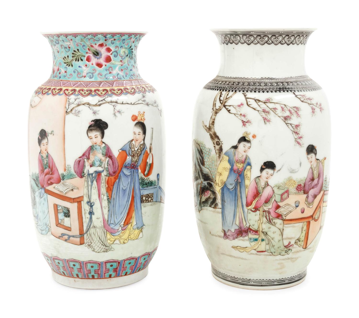 A Pair of Chinese Famille Rose Porcelain 'Ladies' Vases