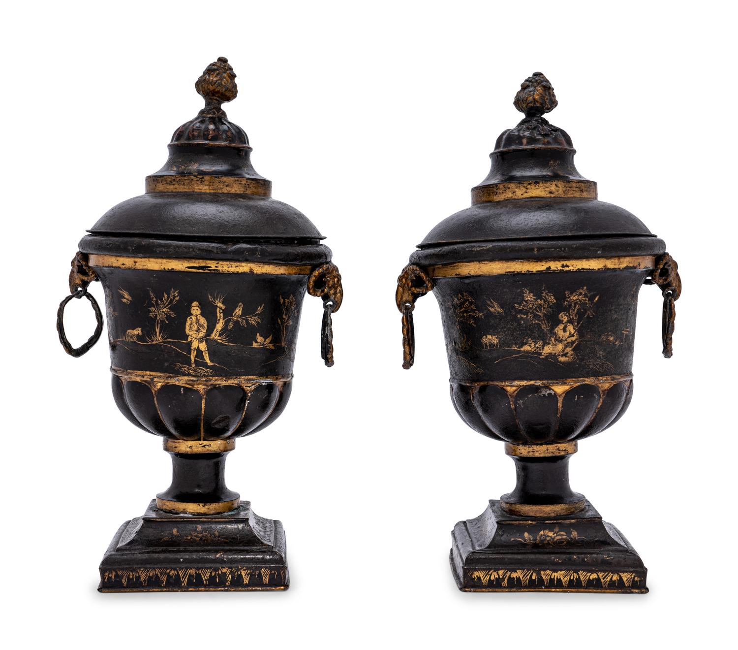A Pair of Late George III Painted Tôle Urns