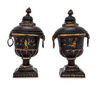 A Pair of Late George III Painted Tôle Urns
