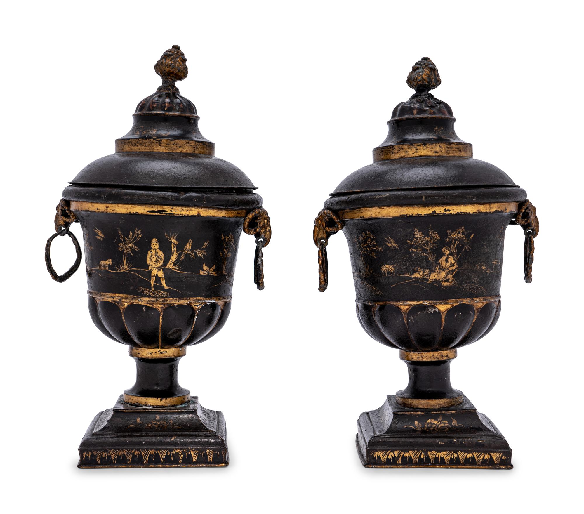 A Pair of Late George III Painted Tôle Urns