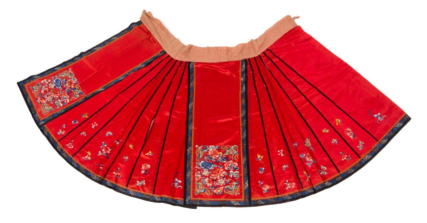 A Chinese Red Ground Embroidered Silk Lady's Robe and A Lady's Skirt Length of robe (collar to hem) 45 inches. — LATE QING DYNASTY