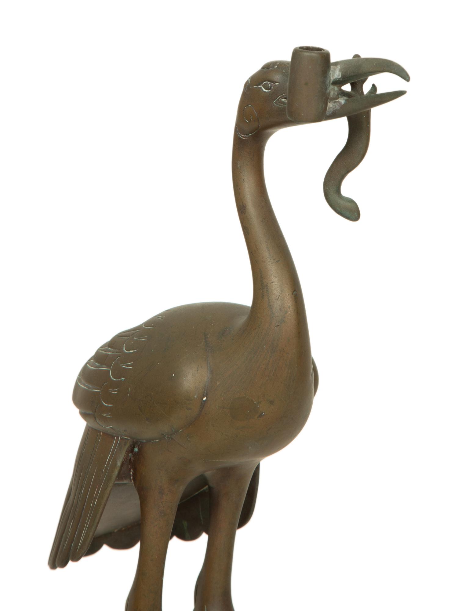 A Pair of Chinese Gilt Metal Figures of Cranes Standing on Turtles — 20TH CENTURY
