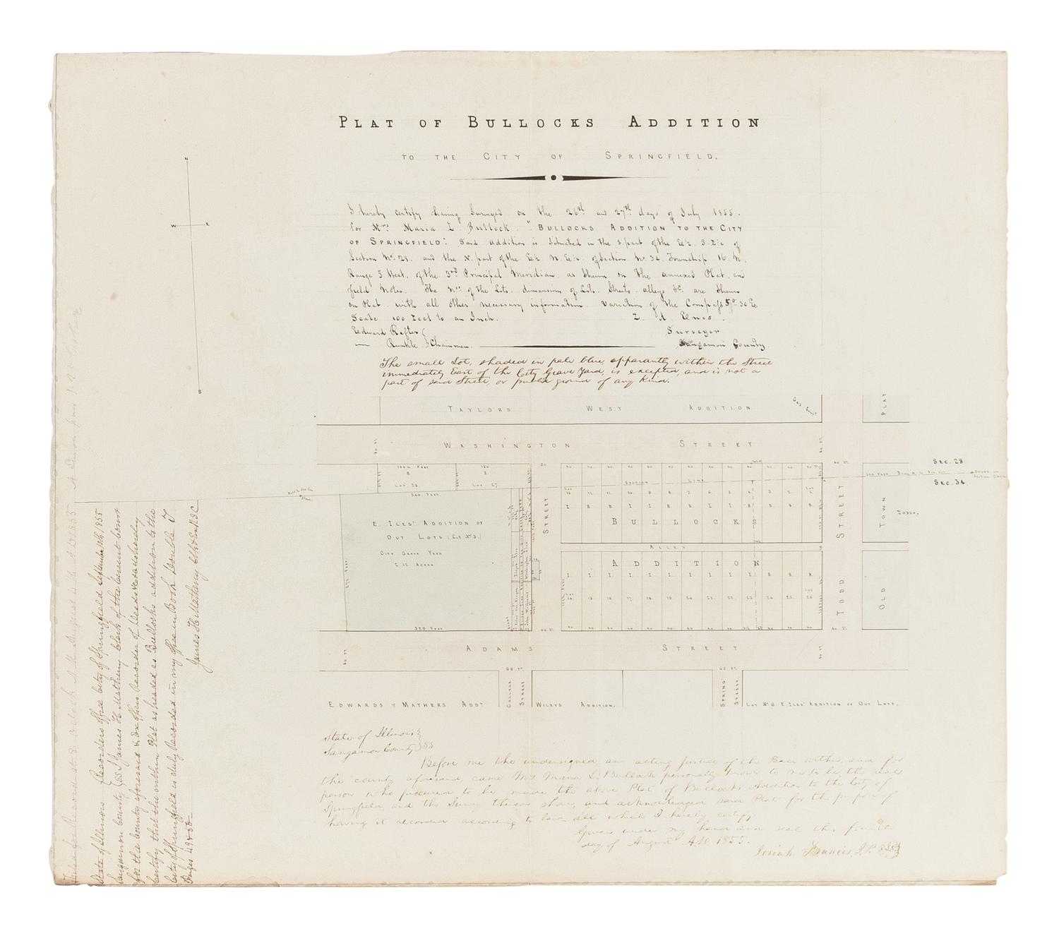 LINCOLN, Abraham (1809-1865). A small archive of 9 manuscript and partially printed documents relating to the Bullock Land Transaction, Springfield, Illinois, 1855-1859, comprising: