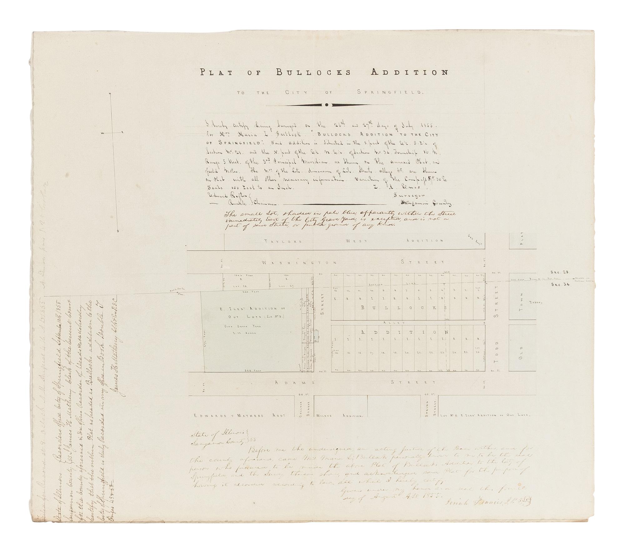 LINCOLN, Abraham (1809-1865). A small archive of 9 manuscript and partially printed documents relating to the Bullock Land Transaction, Springfield, Illinois, 1855-1859, comprising: