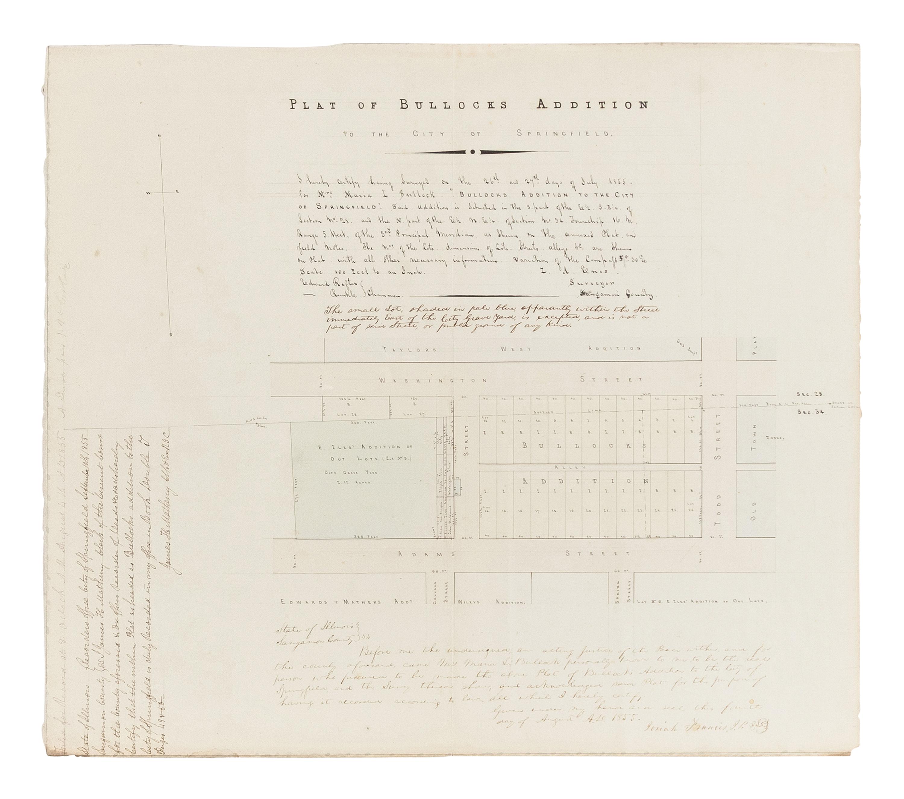 LINCOLN, Abraham (1809-1865). A small archive of 9 manuscript and partially printed documents relating to the Bullock Land Transaction, Springfield, Illinois, 1855-1859, comprising: