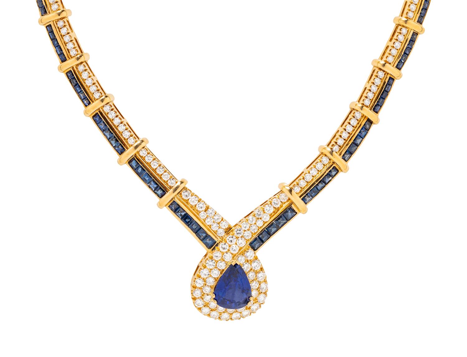YELLOW GOLD, SAPPHIRE AND DIAMOND NECKLACE