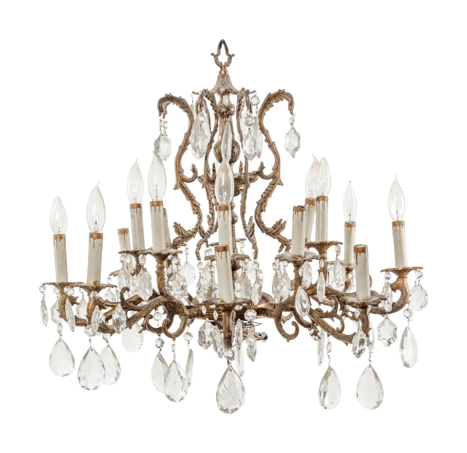 A Continental Gilt Metal and Cut Glass Sixteen-Light Chandelier