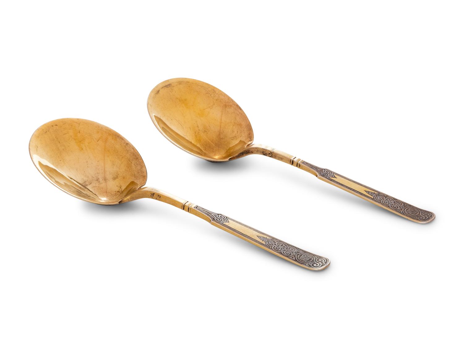 A Pair of Russian Niello Silver-Gilt Serving Spoons