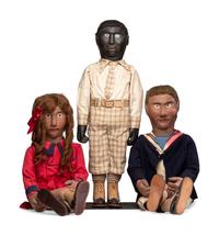 Three Vaudeville Carved and Painted Wood, Leather and Cotton Ventriloquist Dolls