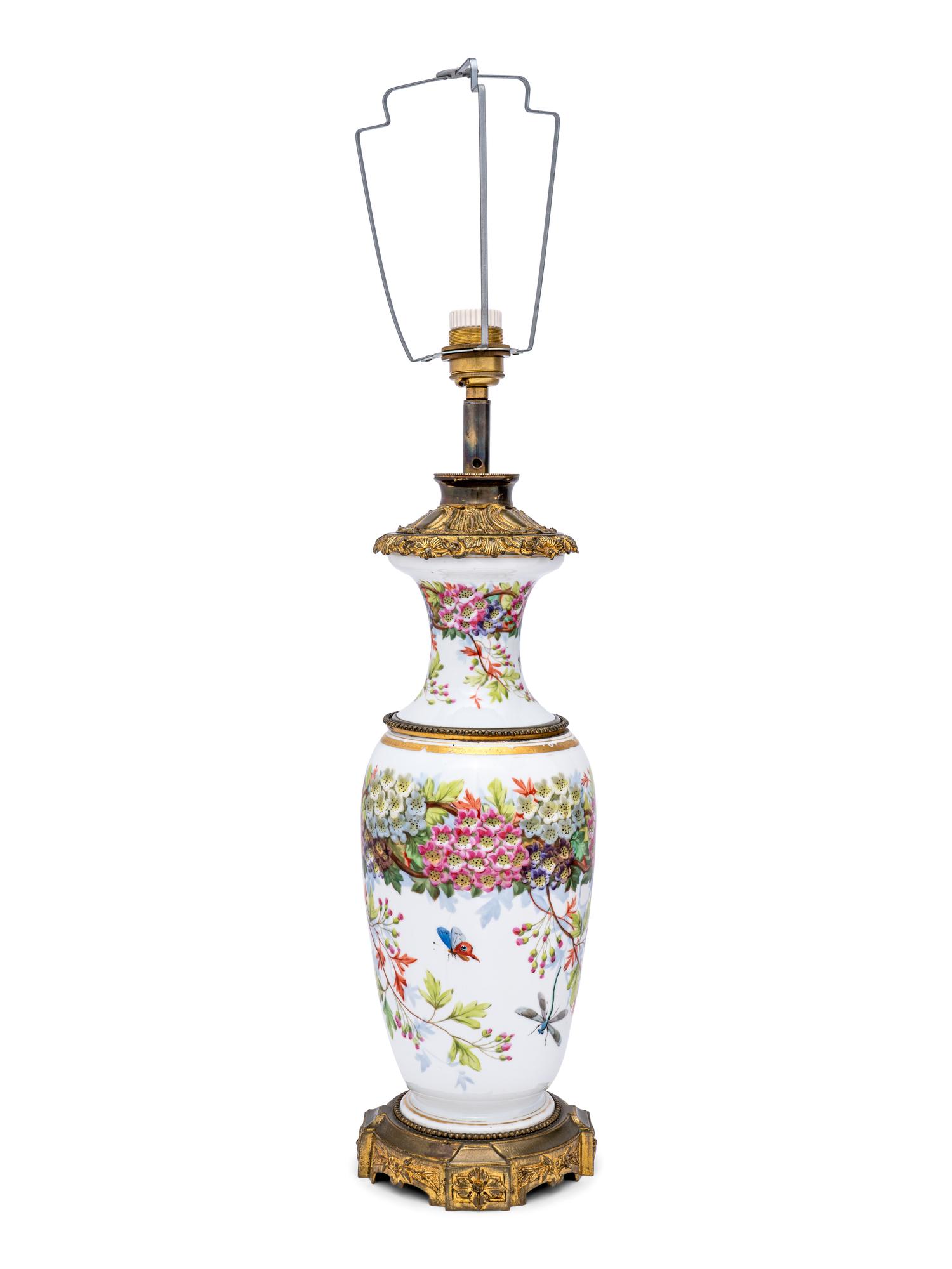 A French Painted Opaline Glass Vase Mounted as a Lamp