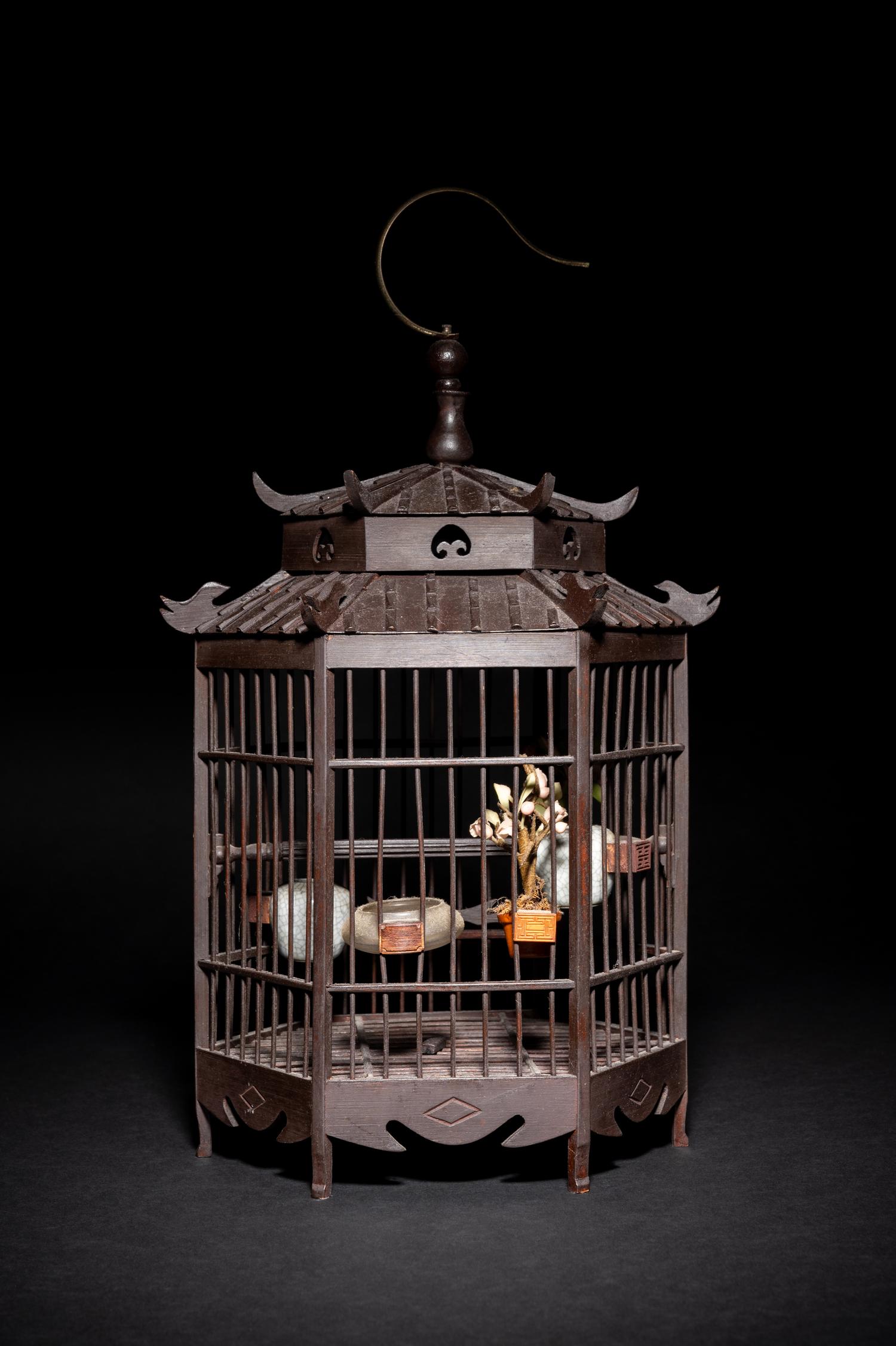 A Chinese Wood Pavilion-Form Bird Cage