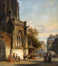 Cornelis Springer (Dutch, 1817-1891) — Figures Outside Church, Amsterdam , 1846