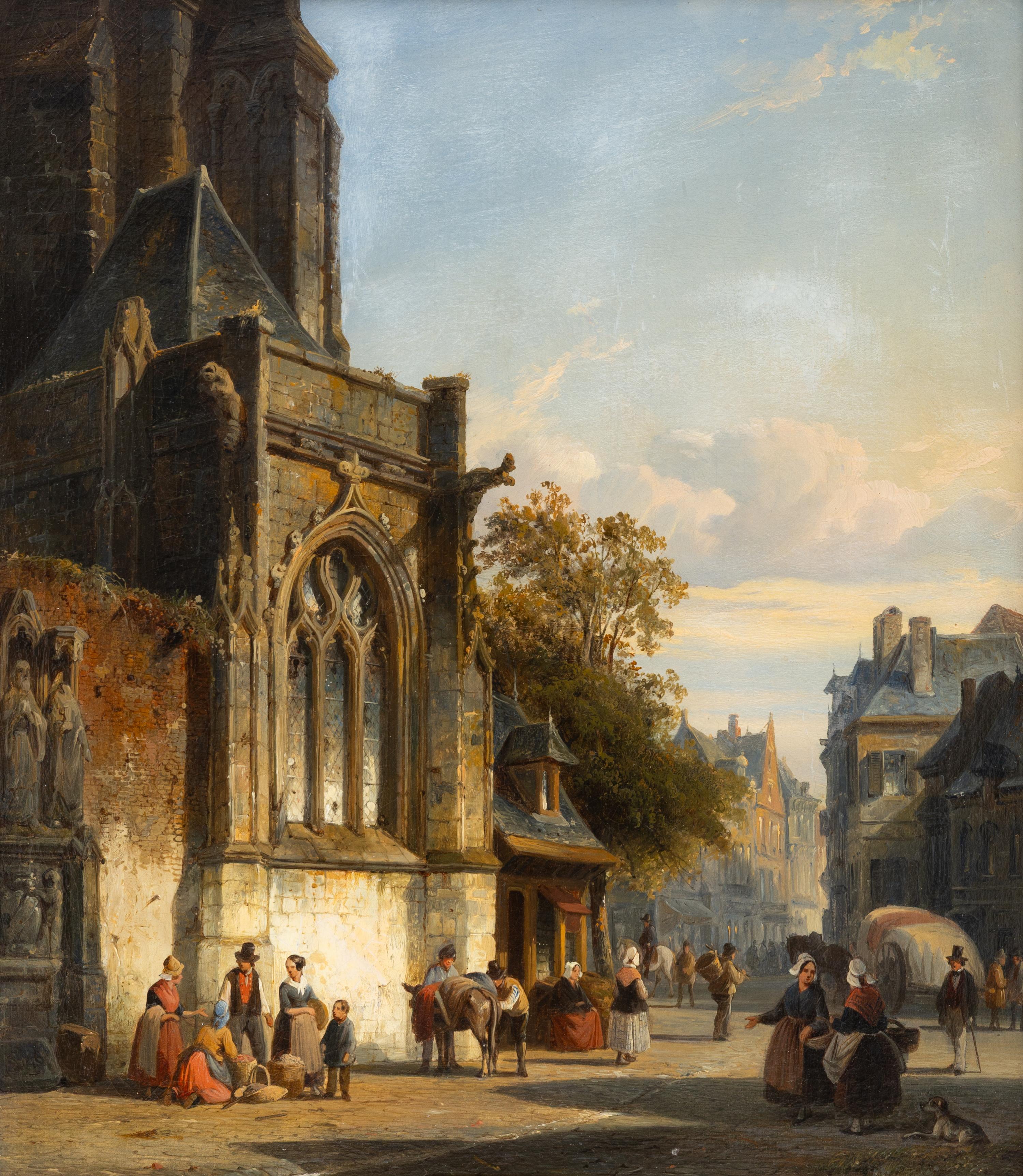 Cornelis Springer (Dutch, 1817-1891) — Figures Outside Church, Amsterdam , 1846
