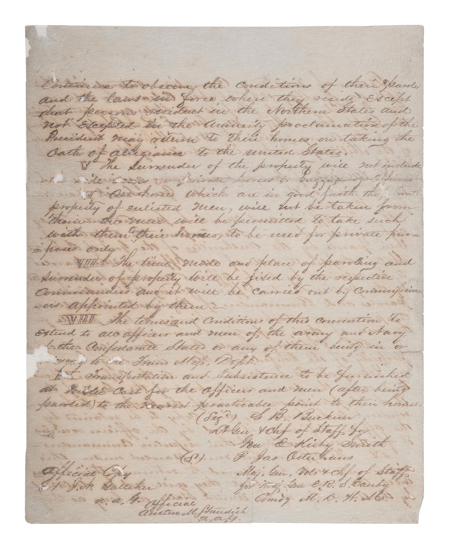 [CIVIL WAR]. CANBY, Major Gen. E.R.S. (1817-1873). Terms of Military Convention entered into this 26th day of May 1865 at New Orleans.... " Official Copy." New Orleans, LA. 26 May 1865.
