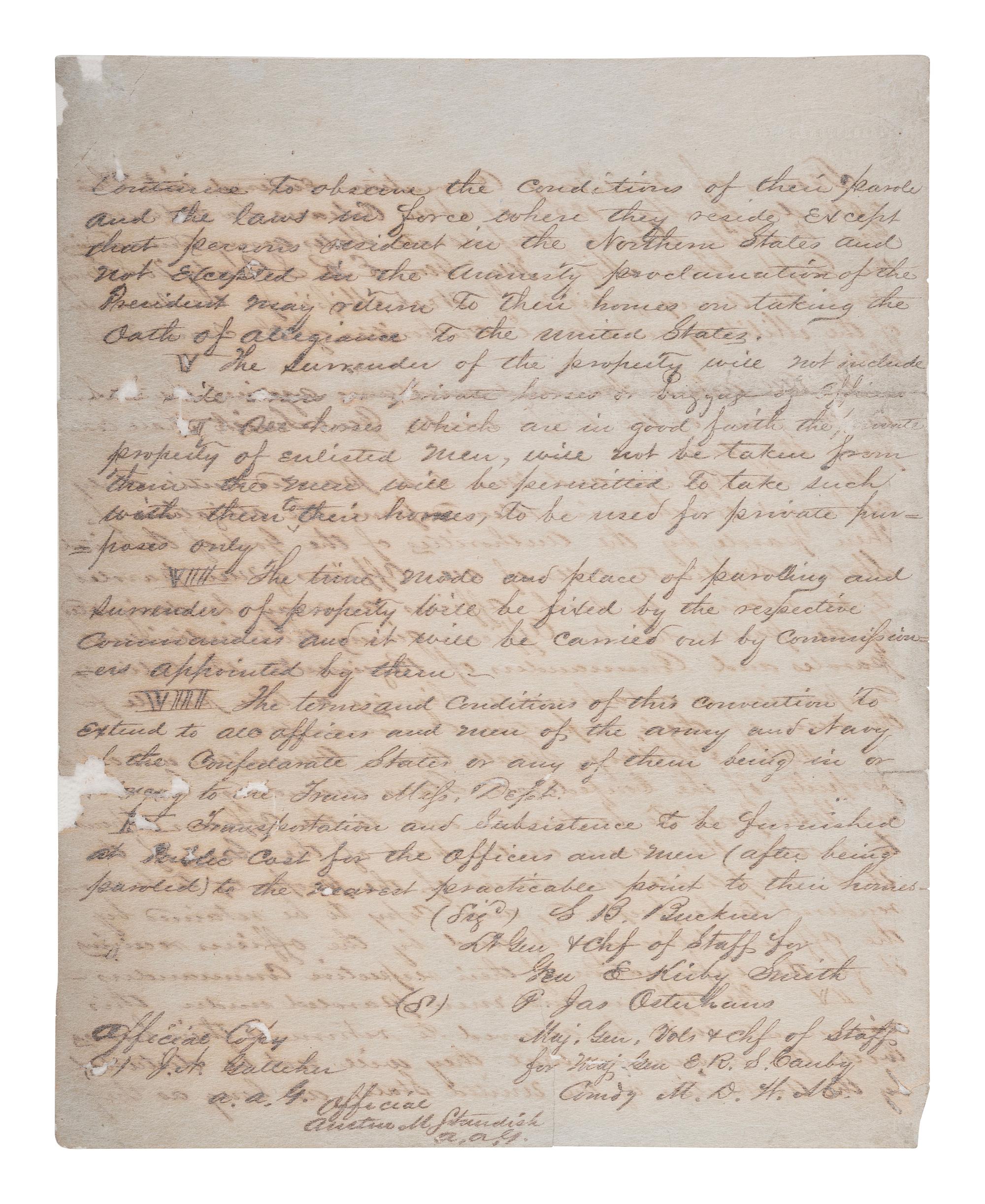[CIVIL WAR]. CANBY, Major Gen. E.R.S. (1817-1873). Terms of Military Convention entered into this 26th day of May 1865 at New Orleans.... " Official Copy." New Orleans, LA. 26 May 1865.