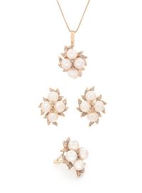A 14 Karat Bicolor Gold, Cultured Pearl and Diamond Demi-Parure,